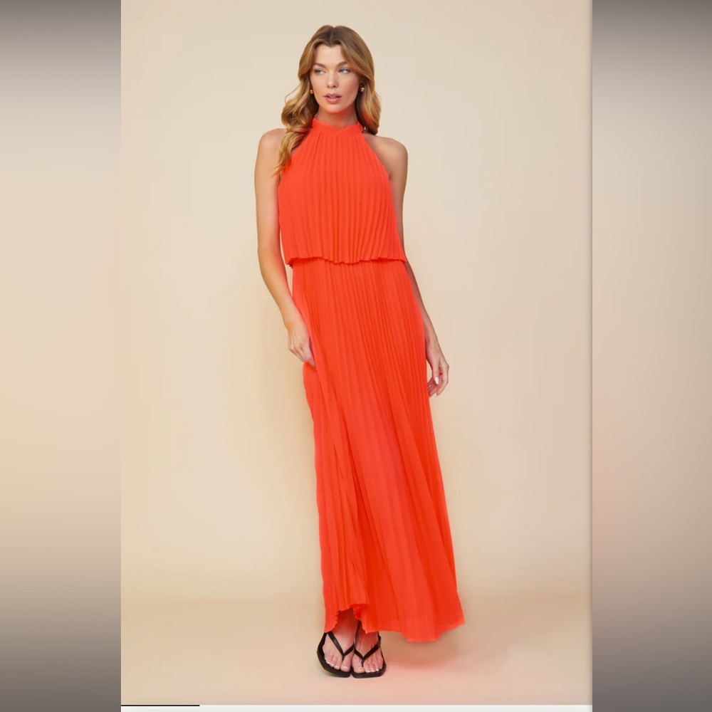 Calixta Halter Pleated Maxi Dress - Neon Orange - Medium